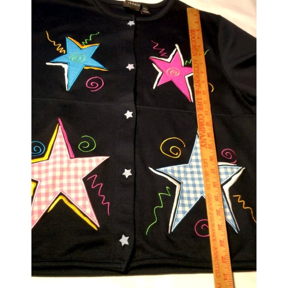 Onque Casuals Shirt Women L Knit Cardigan Star Button Up Gingham Vintage Stars - Picture 4 of 12